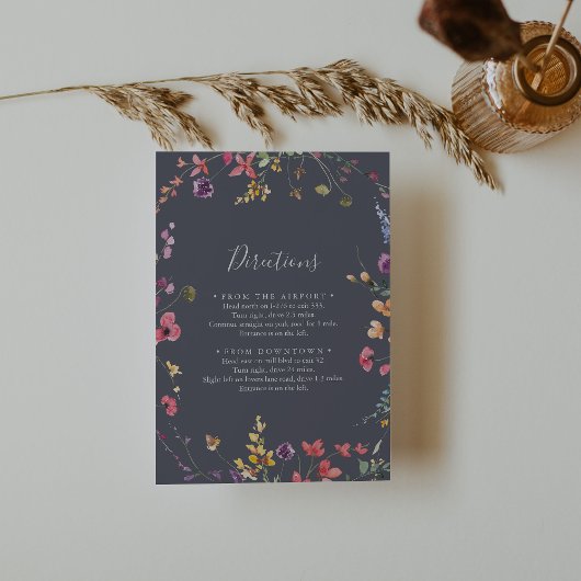 Klassieke Blue Wild Floral Wedding Directions Informatiekaartje
