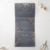 Klassieke Blue Wild Floral Wedding Drieluik Uitnodiging (Binnen)
