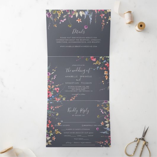 Klassieke Blue Wild Floral Wedding Drieluik Uitnodiging (Binnen)