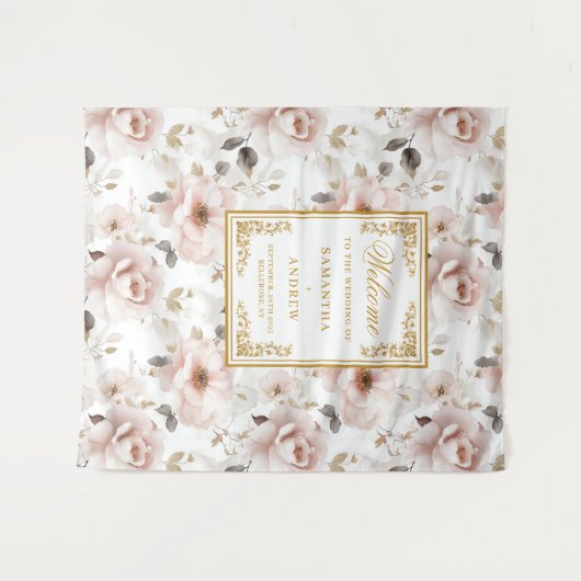 Klassieke Blush Ivoor Gouden Trouwbanner Wandkleed (Voorkant (horizontaal))