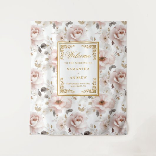 Klassieke Blush Ivoor Gouden Trouwbanner Wandkleed (Voorkant)