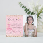 Klassieke Blush Roze Glitter Quinceanera 2Foto Bedankkaart (Staand voorkant)
