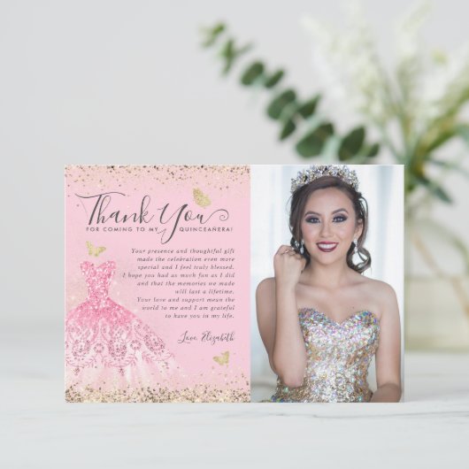 Klassieke Blush Roze Glitter Quinceanera 2Foto Bedankkaart (Staand voorkant)