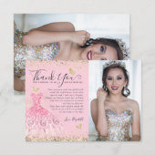 Klassieke Blush Roze Glitter Quinceanera 2Foto Bedankkaart (Voorkant / Achterkant)