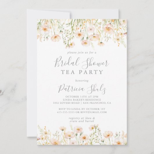Klassieke Blush Wilde Bloemen Bruidsfeest Theepart Kaart (Voorkant)