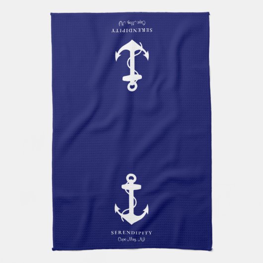 Klassieke Boat Anker Monogram Marine Blauw Theedoek (Verticaal)