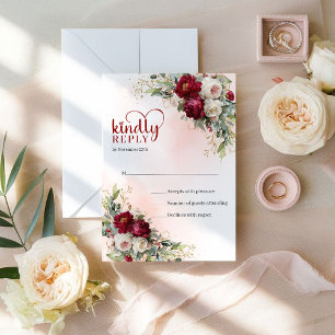 Klassieke Boheemse Maroon Gouden Bloemen Bruiloft  RSVP Kaartje