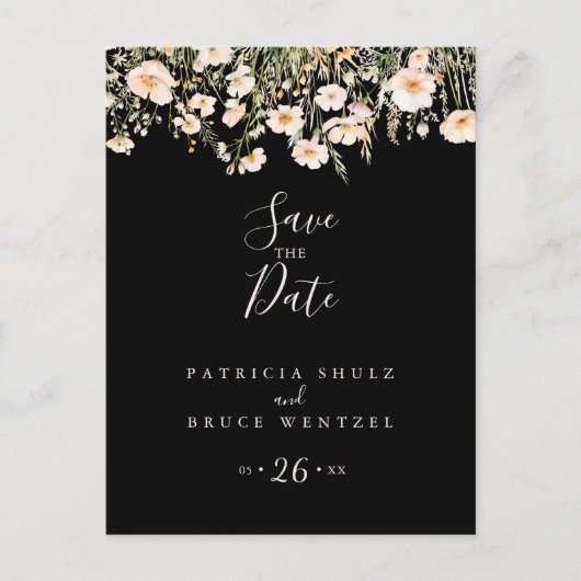 Klassieke Boho Blush Wildflower Black Save the Dat Briefkaart (Voorkant)