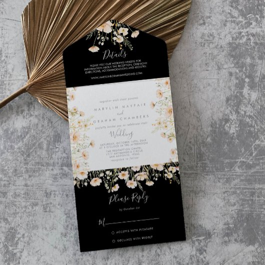 Klassieke Boho Blush Wildflower Black Wedding All In One Uitnodiging