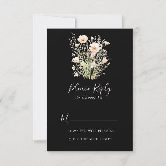 Klassieke Boho Blush Wildflower Black Wedding RSVP Kaartje (Voorkant)
