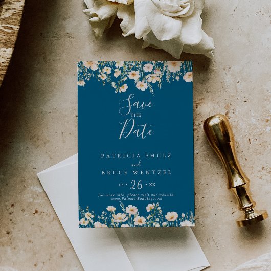 Klassieke Boho Blush Wildflower Blauwe bruiloft Save The Date