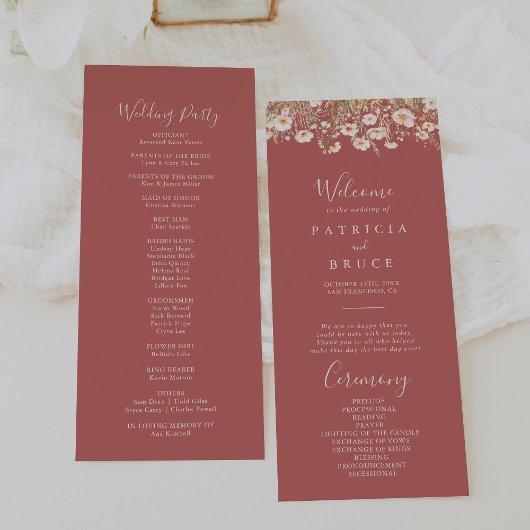 Klassieke Boho Blush Wildflower Wedding Programma Programmakaart