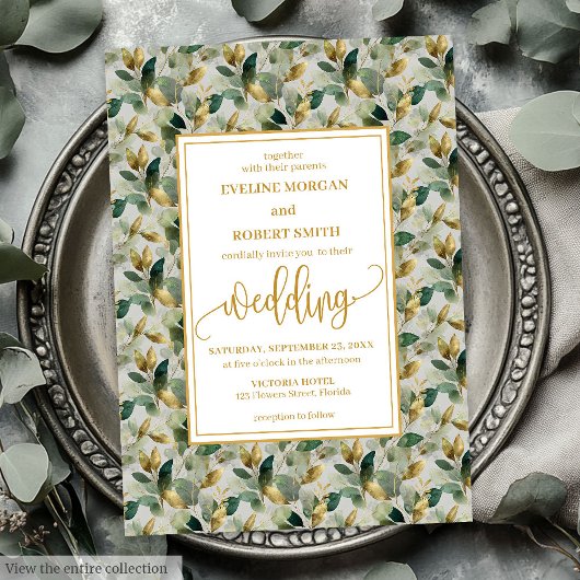 Klassieke Boho Forest Green Gold Eucalyptus Weddin Kaart