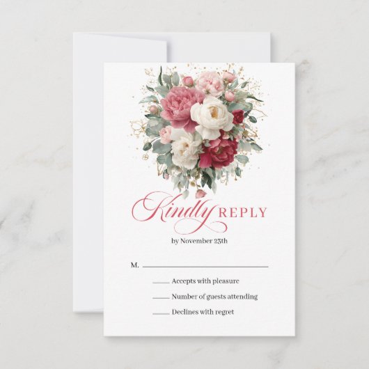 Klassieke Boho Rode Blush Bloemige Trouw-RSVP RSVP Kaartje (Voorkant)