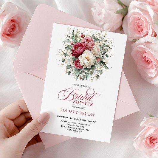 Klassieke Boho Rode Witte Bloemengoud Bruiloftsdan Kaart