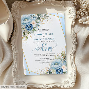 Klassieke boho stoffig blauwe witte bloemen bruilo kaart