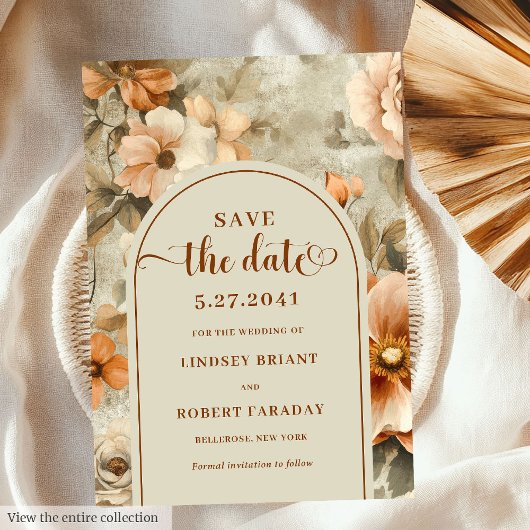 Klassieke Boho Terra Cotta Olijf Bloem Save Date Kaart