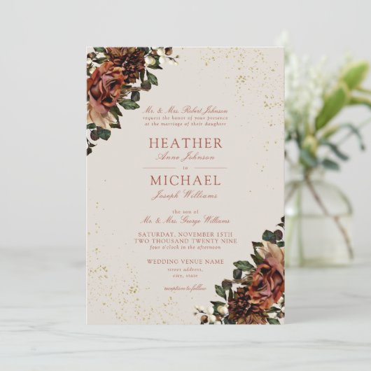 Klassieke Boho Terracotta Greenery Floral Wedding Kaart (Staand voorkant)