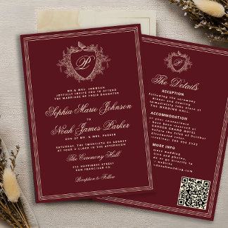 Klassieke bordeaux QR-code formele monogram bruilo Kaart