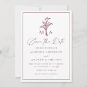 Klassieke bordeauxrood Calla Lily Monogram Huwelij Save The Date (Voorkant)