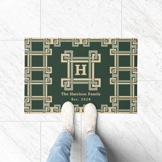 Klassieke bosgroene Griekse sleutel monogram Deurmat (Binnen)