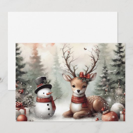 Klassieke bosrijke kerst herten / sneeuwpop feestdagenkaart (Voorkant / Achterkant)