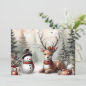 Klassieke bosrijke kerst herten / sneeuwpop feestdagenkaart (Staand voorkant)