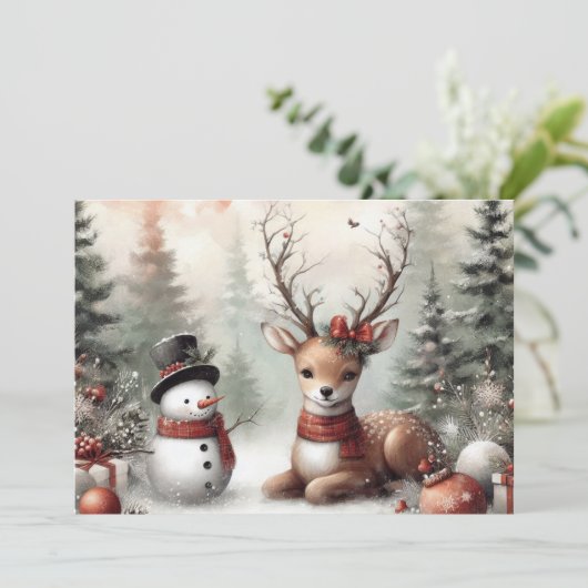 Klassieke bosrijke kerst herten / sneeuwpop feestdagenkaart (Staand voorkant)