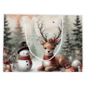 Klassieke bosrijke kerst herten / sneeuwpop groot cadeauzakje (Achterkant)