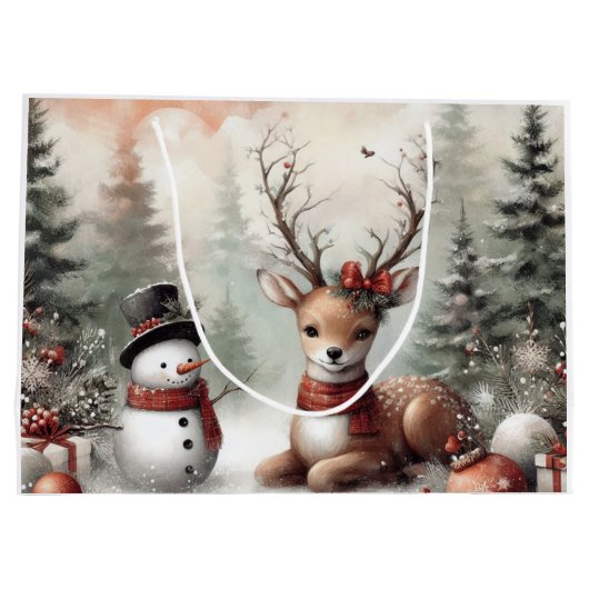 Klassieke bosrijke kerst herten / sneeuwpop groot cadeauzakje (Achterkant)