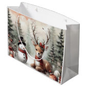Klassieke bosrijke kerst herten / sneeuwpop groot cadeauzakje (Achterkant Gekanteld)