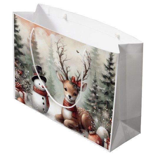 Klassieke bosrijke kerst herten / sneeuwpop groot cadeauzakje (Achterkant Gekanteld)