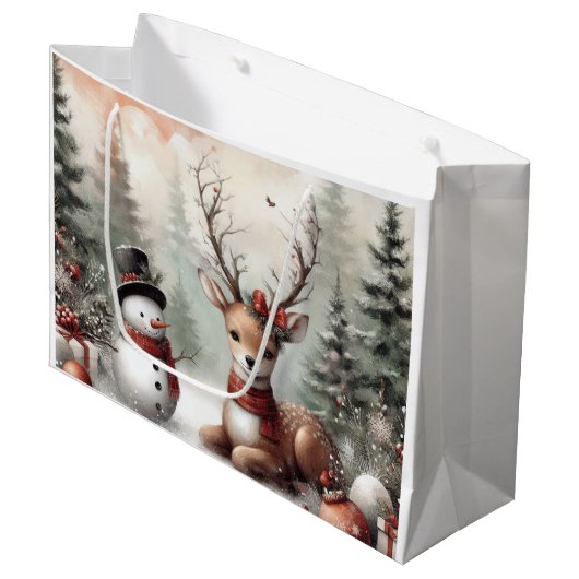 Klassieke bosrijke kerst herten / sneeuwpop groot cadeauzakje (Voorkant Gekanteld)