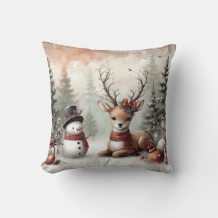 Klassieke bosrijke kerst herten / sneeuwpop kussen