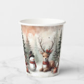 Klassieke bosrijke kerst herten / sneeuwpop papieren bekers (Achterkant)