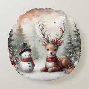 Klassieke bosrijke kerst herten / sneeuwpop rond kussen