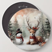 Klassieke bosrijke kerst herten / sneeuwpop ronde button 6,0 cm (Voorkant /achterkant)