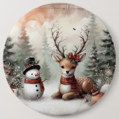Klassieke bosrijke kerst herten / sneeuwpop ronde button 6,0 cm (Voorkant)