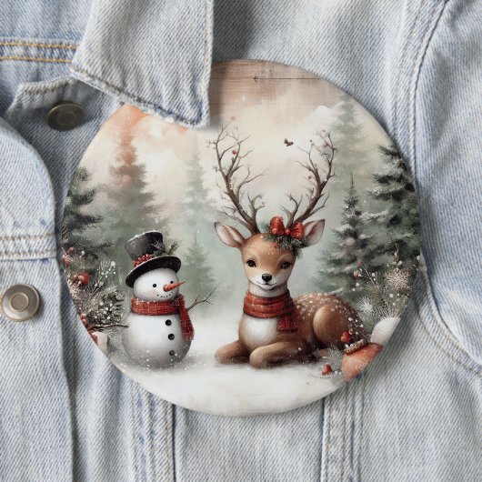 Klassieke bosrijke kerst herten / sneeuwpop ronde button 6,0 cm (In situ)