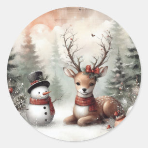 Klassieke bosrijke kerst herten / sneeuwpop ronde sticker