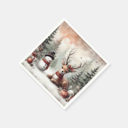 Klassieke bosrijke kerst herten / sneeuwpop servet (Hoek)