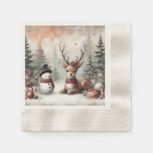 Klassieke bosrijke kerst herten / sneeuwpop servet