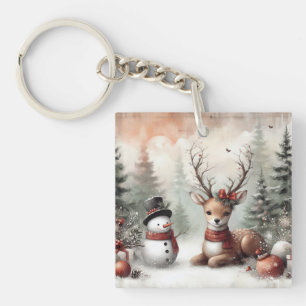 Klassieke bosrijke kerst herten / sneeuwpop sleutelhanger
