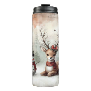 Klassieke bosrijke kerst herten / sneeuwpop thermosbeker