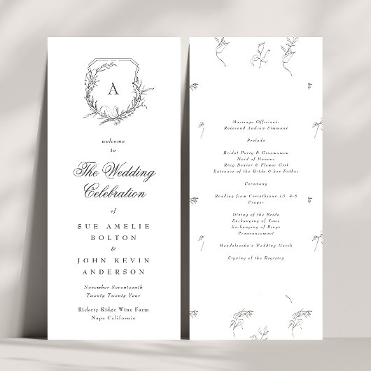 Klassieke Botanicals Monogram Crest Bruiloft Programmakaart