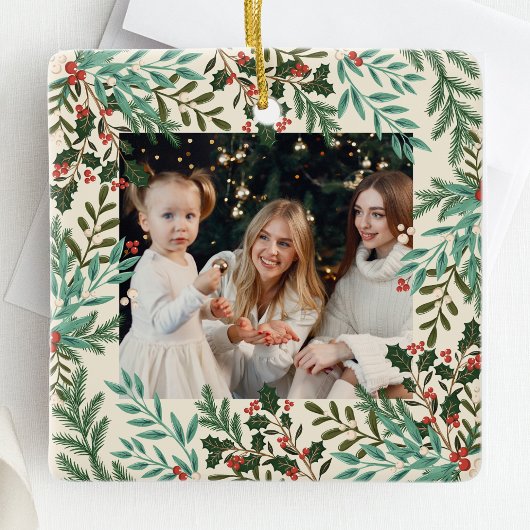 Klassieke Botanische Bloemen Kerstmis Twee foto Keramisch Ornament