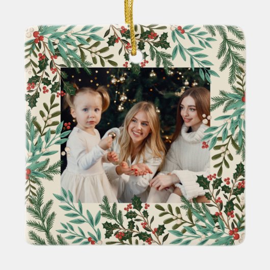 Klassieke Botanische Bloemen Kerstmis Twee foto Keramisch Ornament (Voorkant)