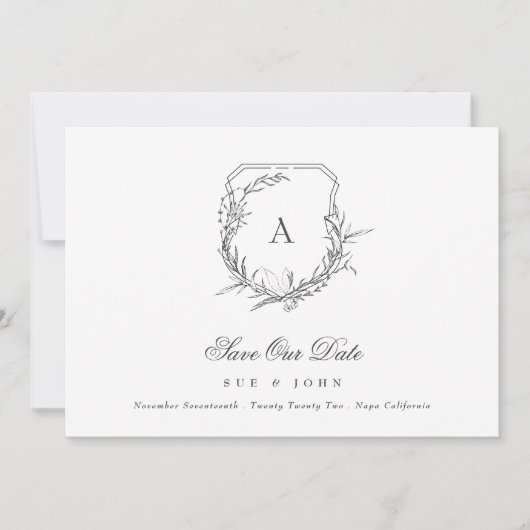 Klassieke Botanische Bloemen Monogram Crest Foto Save The Date (Voorkant)