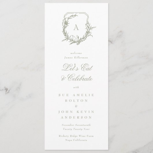 Klassieke  Botanische Crest Sage Groene Bruiloft Menu (Achterkant)