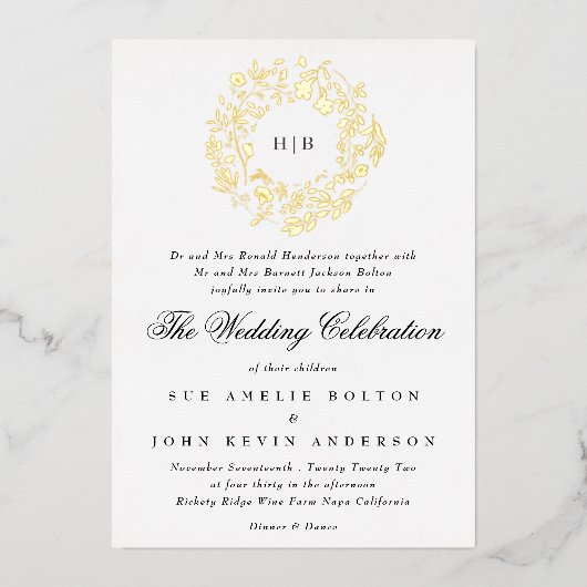 Klassieke botanische Floral Wreath Wedding Folie Uitnodiging (Voorkant)